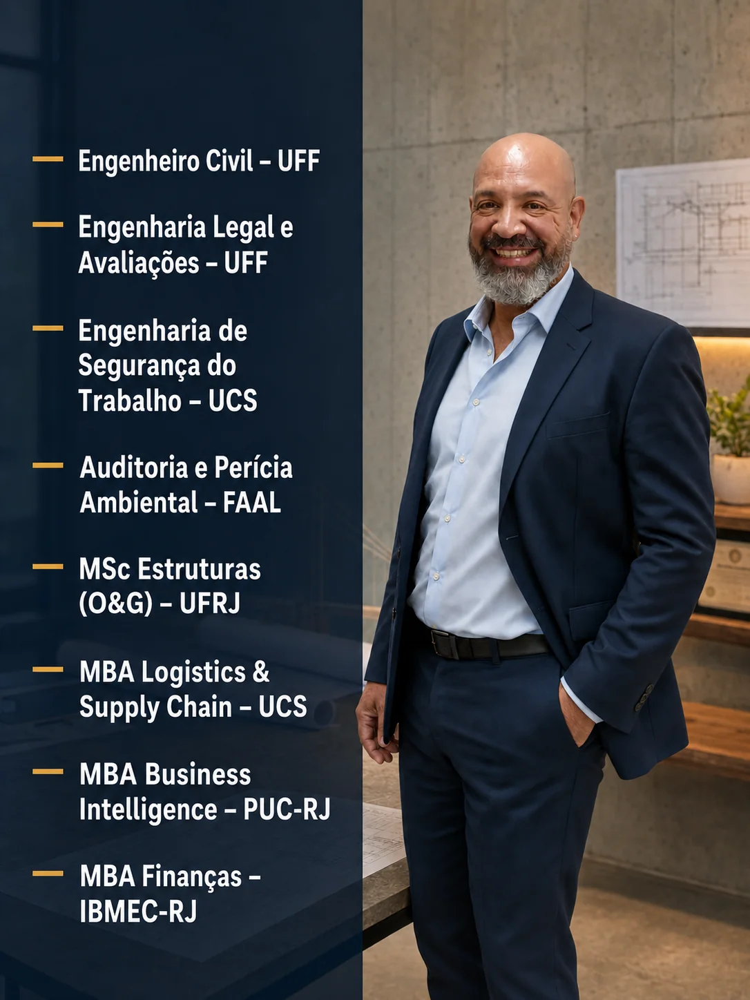 Formação acadêmica de Alexandre Lima: Engenheiro Civil pela UFF, Engenharia Legal e Avaliações pela UFF, Engenharia de Segurança do Trabalho pela UCS, Auditoria e Perícia Ambiental pela FAAL, Mestrado em Estruturas Offshore pela UFRJ, MBA Logistics and Supply Chain pela UCS, MBA Business Intelligence pela PUC-RJ, MBA Finanças pelo IBMEC-RJ